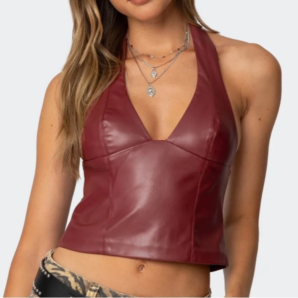 edkited faux leather halter top